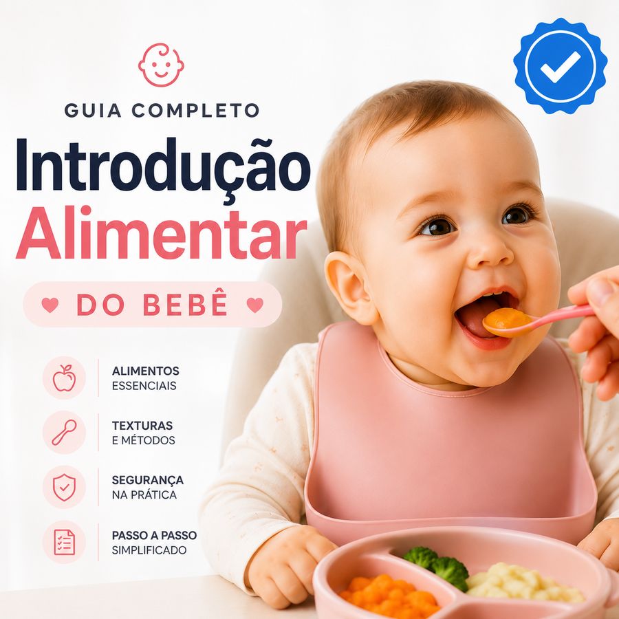 Capa do Guia completo à Introdução Alimentar na Maternidade: bebê comendo no cadeirão com pratinho rosa dividido com legumes