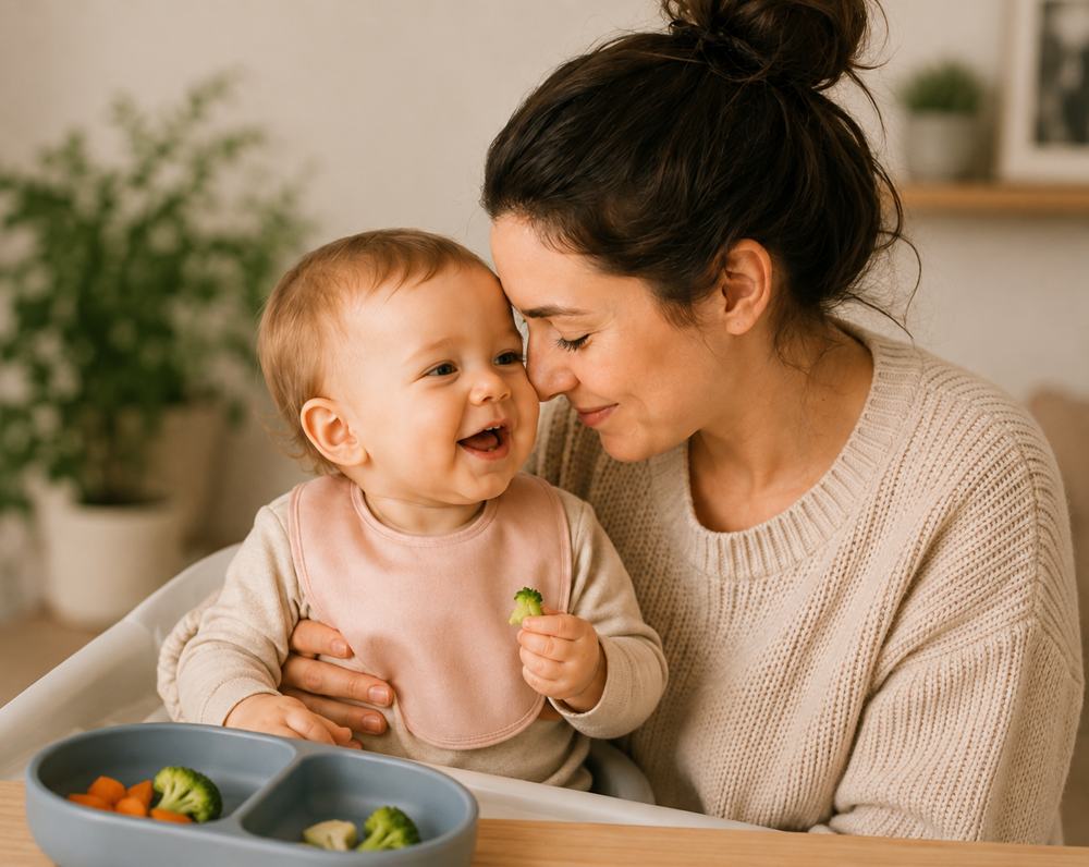 Mãe acolhedora com bebê no colo durante a introdução alimentar, com vegetais frescos no pratinho